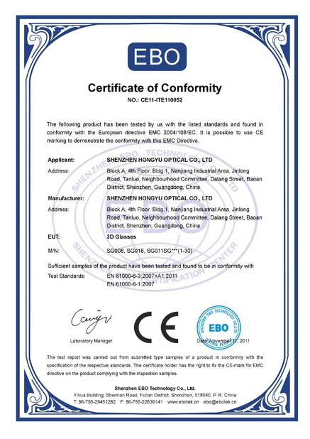 China SHENZHEN HONY OPTICAL CO.,LTD certificaten